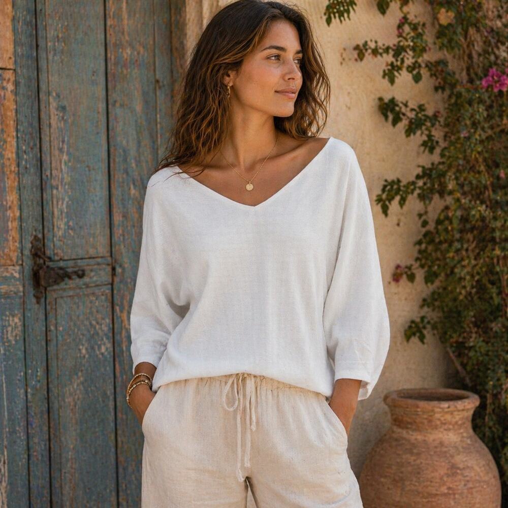 By Anthropologie Off White Tie Waist Knit V Neck Top Large - Picture 1 of 8